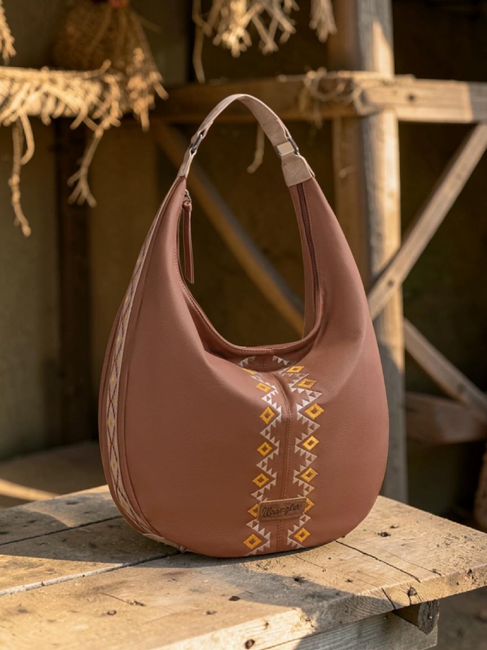NEW Wrangler Tan Hobo Embroidery Wide Bag Yellow Aztec Trim 18"X3.5"X14.5"NWT